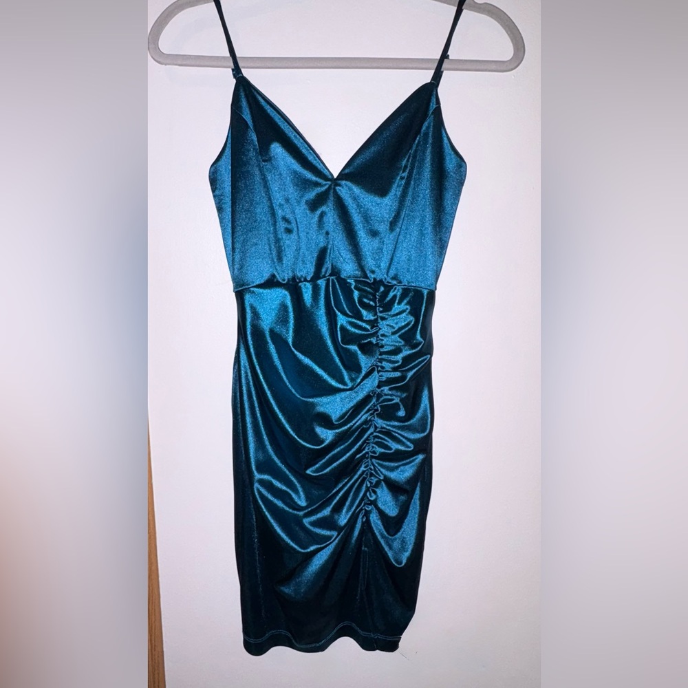 Emerald Sundae Teal Satin Ruched Mini Dress Size Small